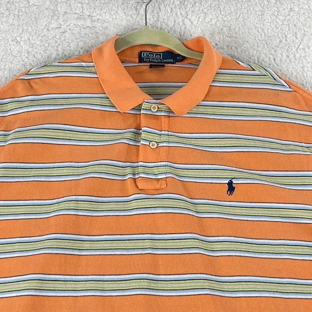 Polo Ralph Lauren Orange Stripe Polo Shirt Mens Short Sleeve Casual Cotton XL‎